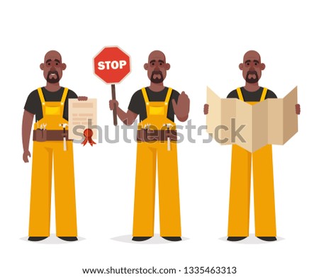 Worker: Builder with Document, Drawing and Road Sign. Cartoon Style. Vector Illustration