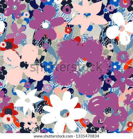 Seamless pattern with  sketch flowers, paint spots. Grunge floral background. Repeating summer print. Abstract art texture. Fabric design, wallpaper