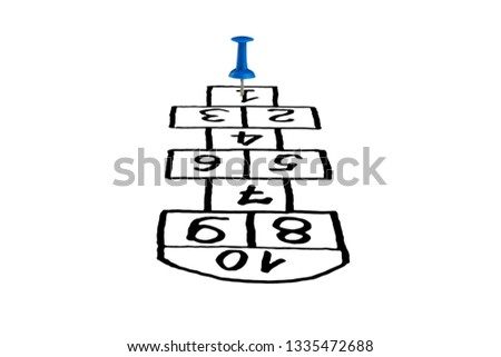 hopscotch game, children's game is drawn on a white background with a barrette in the player's seat at the start, the concept of development and promotion