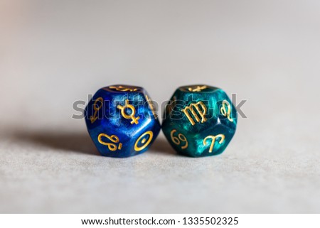 Astrology Dice with zodiac symbol of Virgo Aug 23 - Sep 22 and its ruling planet Mercury