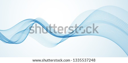 Wave line of flowing particles abstract vector background, smooth curvy shape dots fluid array. 3d shape dots blended mesh, future technology relaxing wallpaper.