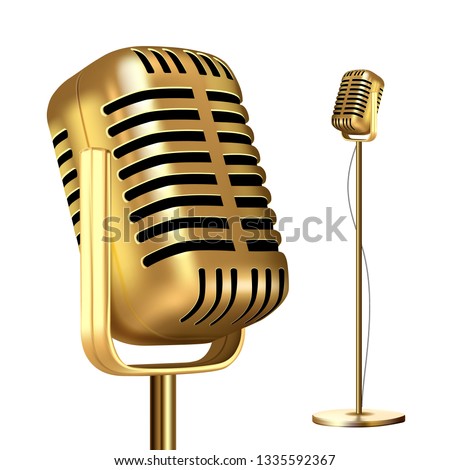 Retro Golden Microphone With Stand Vector. Record Stage. Live Concert. On Air. Illustration