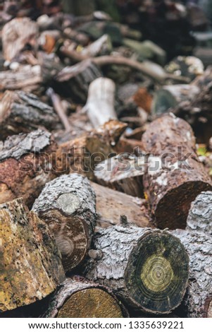 Pile of woodfire with focus on the front of the image with shallow depth of field