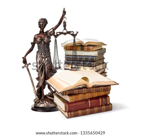 A picture of a Themis statue standing at books  on white background