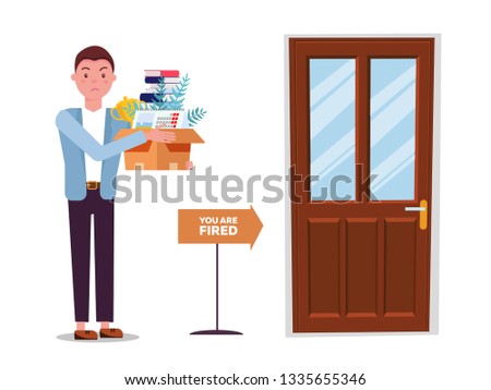 Fired man goes to exit door. incompetent worker going to the door, dismisses male employee from job, guy leaving office workplace. Dismissed man with cardboard box . Vector flat cartoon illustration