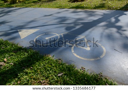 Bike lane painted with white color on the blue color road at Nong Prajak Public Park, Udon Thani, Thailand.

