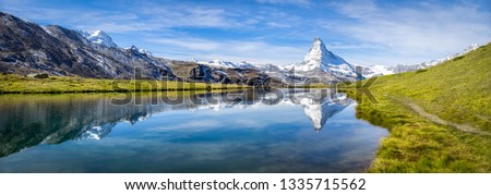 Stellisee panorama with Matterhorn in the background, Zermatt, Swiss Alps, Switzerland Royalty-Free Stock Photo #1335715562