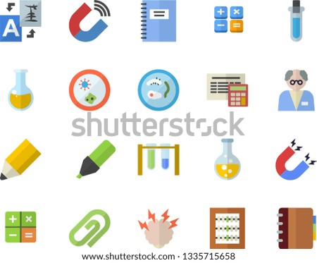 Color flat icon set calculator flat vector, chemistry, magnet, marker, medical analysis, abacus, pencil, brainstorm, notebook, scientist, beakers, Petri dish, translate, clip
