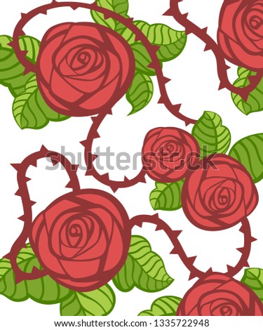 Pattern of red rose and green leaves with thorns. Floral greetings card design. Different of shapes and color. Flat vector illustration on white background.