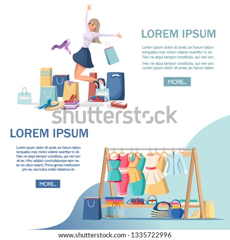 Colorful shopping paper bags. Happy women on white shirt and blue skirt. Cartoon character design. Full shopping bags, discount concept. Bags for clothes. Flat vector illustration on white background.