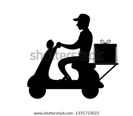 Black silhouette. Delivery man on scooter. Food courier. Man with baseball cap. Flat vector illustration isolated on white background.