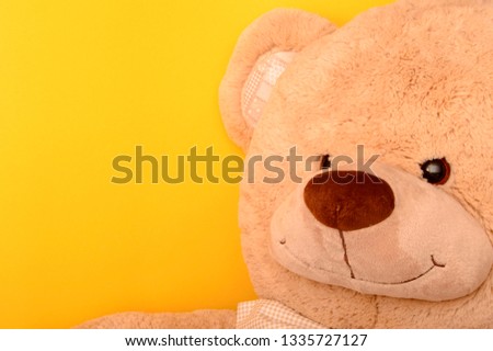 Close up teddy bear on yellow background with copy space for text.