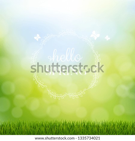 Hello Spring With Grass Border With Gradient Mesh, Vector Illustration