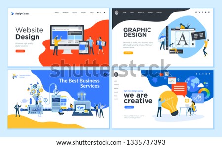 Set of flat design web page templates of graphic design, website design and development, social media, business services. Modern vector illustration concepts for website and mobile website development Royalty-Free Stock Photo #1335737393