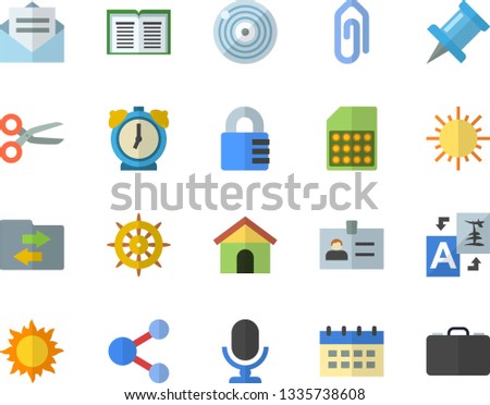 Color flat icon set sun flat vector, SIM card, share, house, scissors, file sharing, translate, clip, badge, calendar, drawing pin, steering wheel, message, microphone, lock, alarm clock, book, case