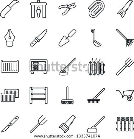 Thin Line Icon Set - security gate vector, safe, trowel, farm fork, rake, wheelbarrow, pruner, saw, hoe, garden knife, scalpel, cargo container, rack, paper clip, ink pen, heater, ladle, radiator