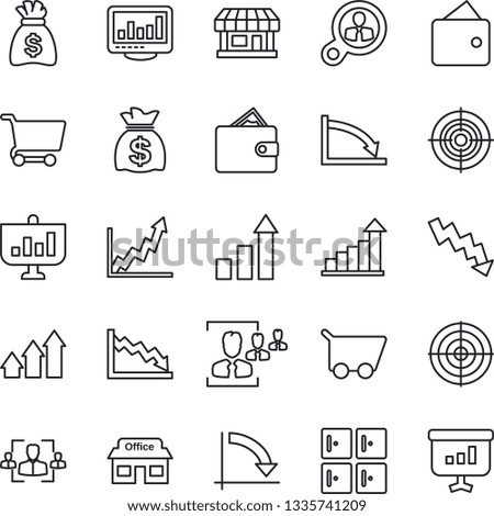 Thin Line Icon Set - checkroom vector, growth statistic, money bag, crisis graph, store, monitor statistics, hr, target, consumer search, arrow up, wallet, cart, presentation
