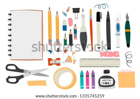 Various tools for drawing or sketching. Hand drawn big vector set. Sketchbook, crayons, pencil, eraser, pen, marker, ruler, scissors, ink, etc. Colored trendy illustration. All elements are isolated