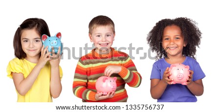 Children saving with their piggy bank isolated on a white background