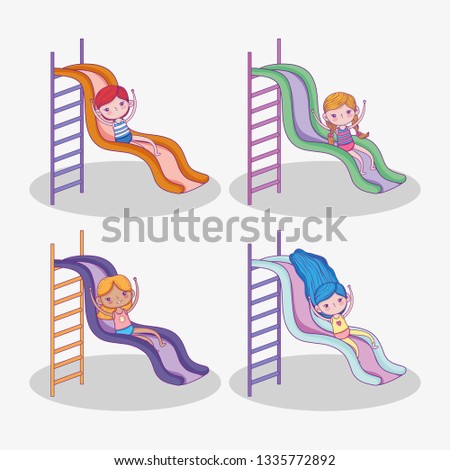 set cute girls and boy play in the slide