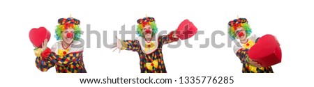 Clown with giftbox isolated on white