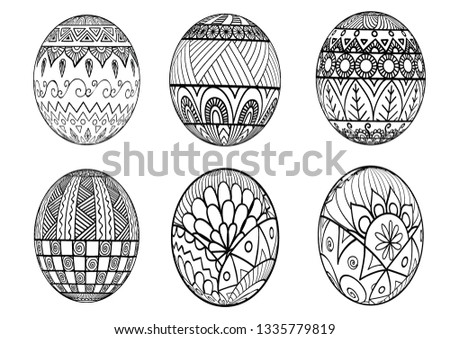 Six zentangle-inspired of Easter eggs for adult coloring page. Vector illustration