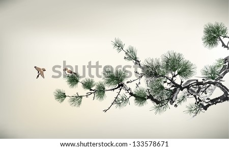 Ink style Pine Tree and birds