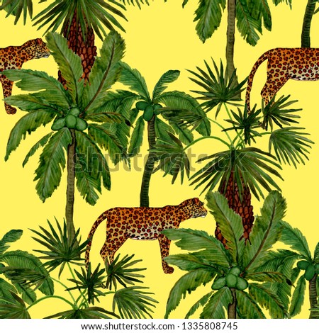 Watercolor seamless pattern with leopard in rainforest. Jungle palms, leaves. Leopard seamless background. Tropical background. Exotic animalistic seamless pattern. Fashion style summer print.