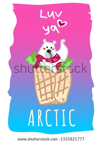 Vector illustration, funny polar bear in the spring roll with tomato and green salad. Line cartoon style, with "luv ya" (love you) lettering and "Arctic" text. Applicable for arctic food concepts.