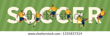 Soccer Players Kicking Ball and goalkeepers. Set Collection of different poses. Vector Illustration.