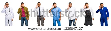 Set of doctor, barber and businessman listening to something by putting hand on the ear