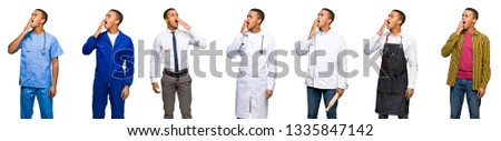 Set of doctor, barber and businessman yawning and covering wide open mouth with hand