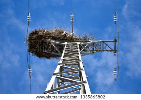 bottom top photo of an empty big nest made with branches of trees at the top of an electrical tower of high voltage that conducts electricity to houses in a blue clear day.