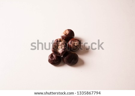 A collection of conkers against an isolated white background