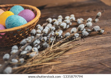 Easter eggs on rustic wooden background
