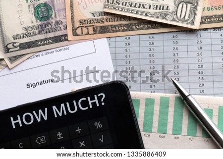 Money, calculator and document with place for signature. Goals, plans, intention.