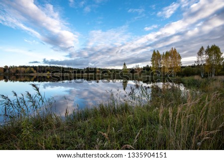 calm lake in bright sun light with reflections of clouds and trees and blue sky. summer in countryside