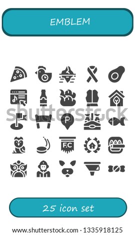 emblem icon set. 25 filled emblem icons.  Simple modern icons about  - Pizza, Morning, Iceberg, Ribbon, Avocado, Music store, Beer bottle, Fire, Armour, Eco, Flag, Banner, Parking