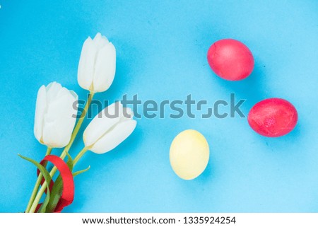 On a blue background Easter composition. White three tulips with colorful Easter eggs