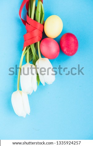 On a blue background Easter composition. White three tulips with colorful Easter eggs