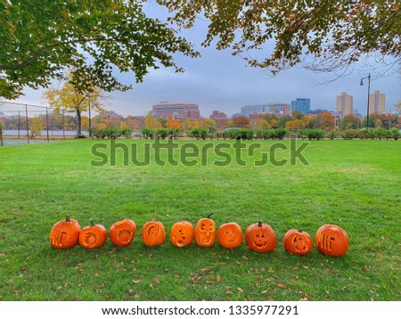 Pumpkin Carving During Thanksgiving With Boston Skyline Background