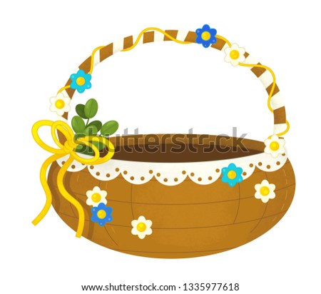 cartoon happy easter scene with colorful easter basket on white background - illustration for children