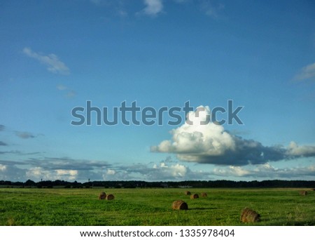 Rural landscape with a field with hay rolls and a cloudy sky