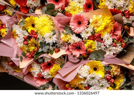 Close-up texture, background of flowers. Flowers bouquet gerbera, carnation, roses