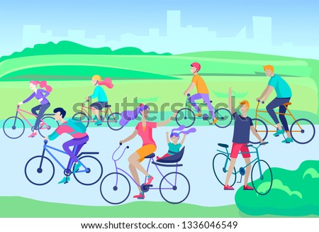 Young woman and man ride the bike in the park, family and friends riding bicycles. Mom, dad and children on bikes at park cycling together. Sports outdoor activity. Cartoon vector illustration