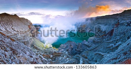 Sulphatic lake in a crater of volcano Ijen. Java. Indonesia. Panorama