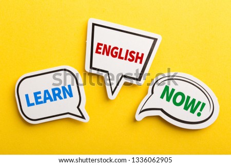 Learn English speech bubble isolated on the yellow background.