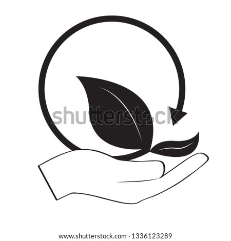 Silhouette of leaves with circular arrow on a hand outline. Eco icon. Vector illustration design