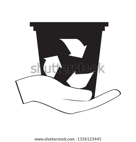 Recycling trash can silhouette on a hand outline. Vector illustration design