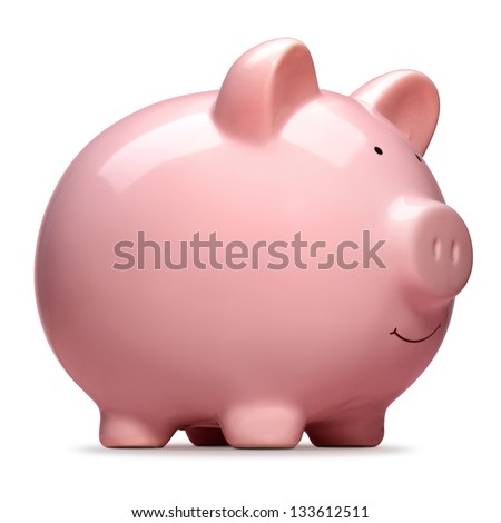 pink piggy bank isolated on white background, side view Royalty-Free Stock Photo #133612511